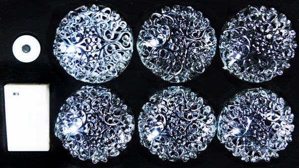 SILVER ORNAMATE BAUBLES  BATTERY OPERATED LED COOL WHITE 6/PK. 55216